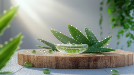 Product mockup displayed on a wooden slab with aloe vera leaves and gel droplets highlighting hydration.