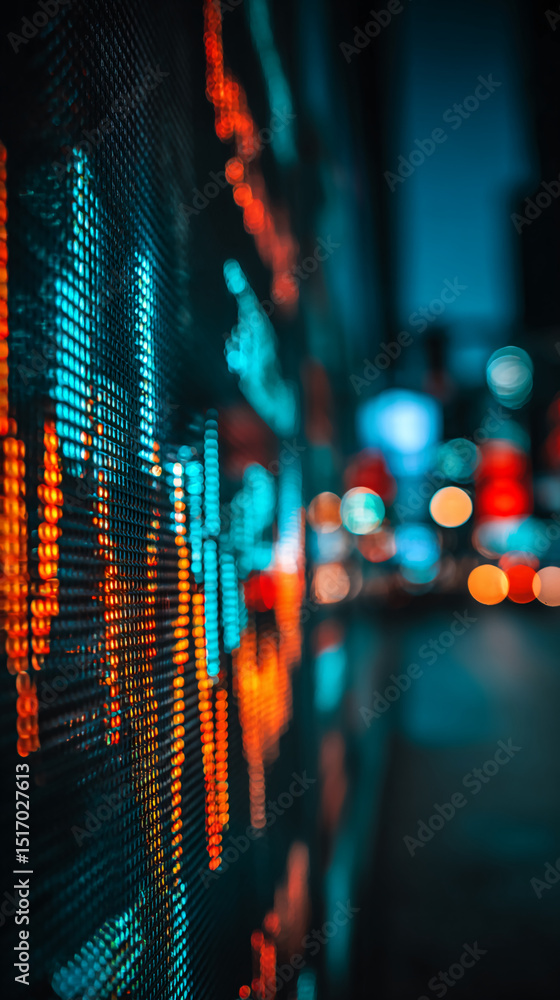 Poster close-up of vibrant orange and teal led lights on a display, creating a dynamic, energetic visual. r