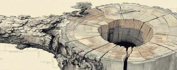 Detailed hand-drawn illustration of an ancient tree trunk cross-section