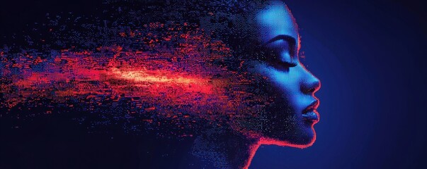 Abstract profile of a human face created with vibrant pixelated digital patterns
