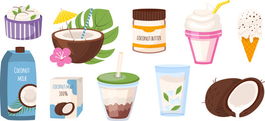 Coconut milk products, drink, dessert, organic tropical eating, cartoon set vector illustration