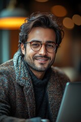 A cheerful gentleman in casual attire smiling indoors with modern decor