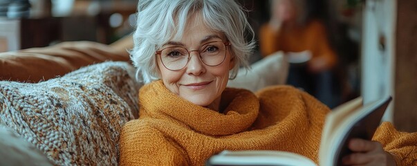 Elderly woman enjoying quiet reading, exuding warmth and intelligence at home