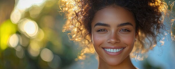 Smiling woman enjoying a sunny day outdoors with natural greenery