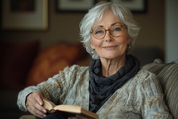 Elderly woman with glasses reading a book in a cozy living room