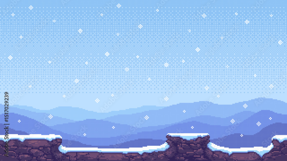 Poster 8-bit pixel art game level background. 2D side-scrolling video game. snowy mountains. pixel snowflakes. snow-covered rocks. vector graphics.
