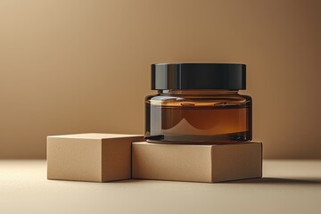 Elegant glass cosmetic jar on a box with warm natural shadows