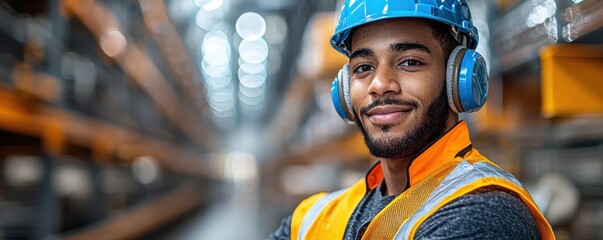 Confident male construction worker in protective gear on a modern site