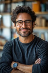 Smiling professional man with glasses in a library setting