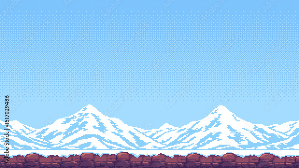 Poster 8-bit pixel art winter game level background. snowy mountains. simple and minimalistic. side-scrolling game. vector graphics. 