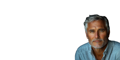Mature Man With Gray Hair In Casual Shirt. Portrait Of Confidence And Experience Isolated On Transparent Background