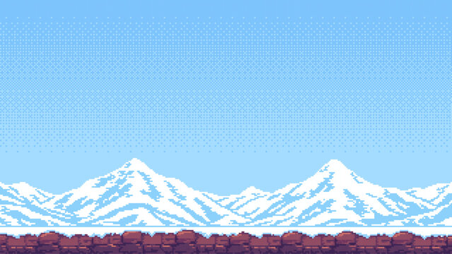 8-bit pixel art winter game level background. snowy mountains. simple and minimalistic. side-scrolling game. vector graphics. 