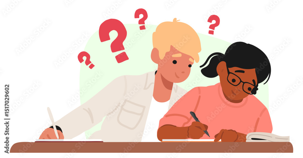 Poster puzzled school boy having problem with knowledge cheating answers from girl classmate scene