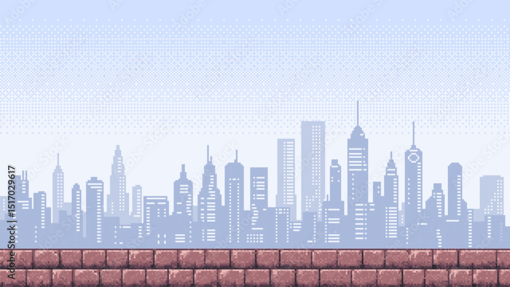 Poster 8-bit pixel art, 2d video game. vector background. empty city skyline. old video game aesthetic. vid