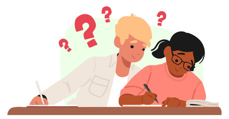 Puzzled school boy having problem with knowledge cheating answers from girl classmate scene
