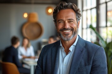 Confident middle-aged man smiling in a professional environment