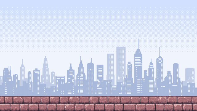 8-bit pixel art, 2D video game. vector background. empty city skyline. old video game aesthetic. video game assets. retro gaming style. 