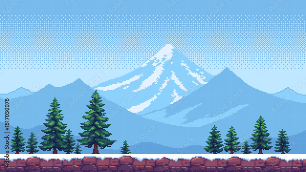 Aufkleber 8-bit pixel art winter game level background. snowy mountains landscape. side-scrolling game. vector graphics. pine trees. video game design. 