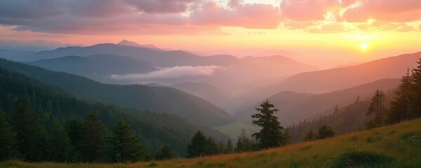 Panoramic mountain view at sunrise in Carpathian National Park, Ukraine. Misty forest hills, valley, golden sunlight. Beautiful nature landscape with trees, clouds. Perfect for travel, tourism,
