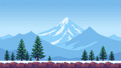 Plakat 8-bit pixel art winter game level background. snowy mountains landscape. side-scrolling game. vector graphics. pine trees. video game design. 