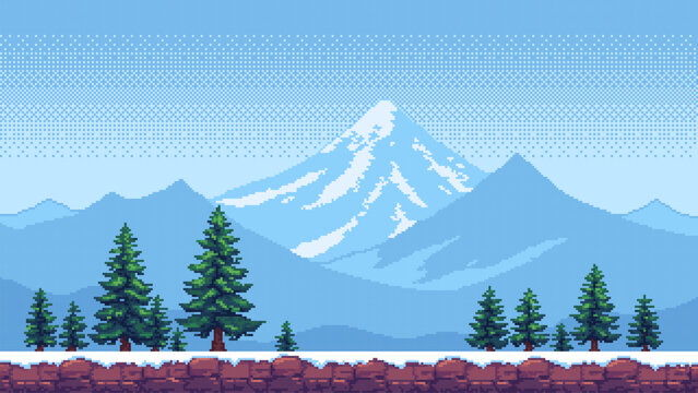 8-bit pixel art winter game level background. snowy mountains landscape. side-scrolling game. vector graphics. pine trees. video game design. 