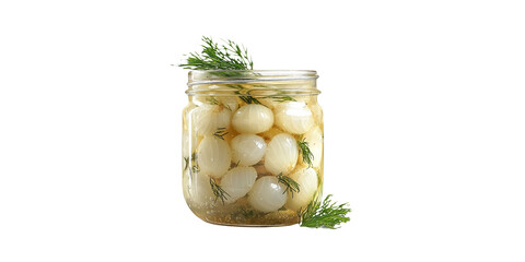 Pickled onions in glass jar with dill isolated on transparent background