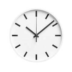 Modern white clock with black hands isolated on transparent background