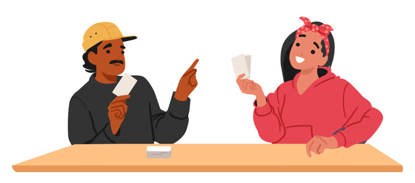 Man and woman cartoon character having competitive challenge in quiz game show final round