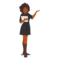 Pretty woman quiz game presenter or talk show interviewer cartoon character isolated on white