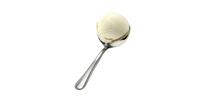 Scoop Of Vanilla Ice Cream Silver Spoon. Dessert And Culinary Delight Isolated On Transparent Background