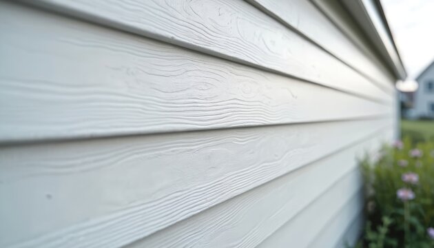 Close-up of white vinyl siding texture. Exterior wall cladding, house facade. Horizontal, wood grain pattern. Modern home construction, repair, renovation, building materials, architectural design.