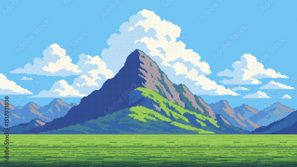 Poster 8-bit pixel art game level background. high mountain landscape. 2D retro video game style. side-scrolling game. vector graphics.  blue sky with white clouds. 