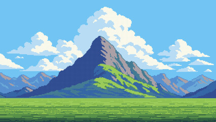 8-bit pixel art game level background. high mountain landscape. 2D retro video game style. side-scrolling game. vector graphics.  blue sky with white clouds.  © hiten666
