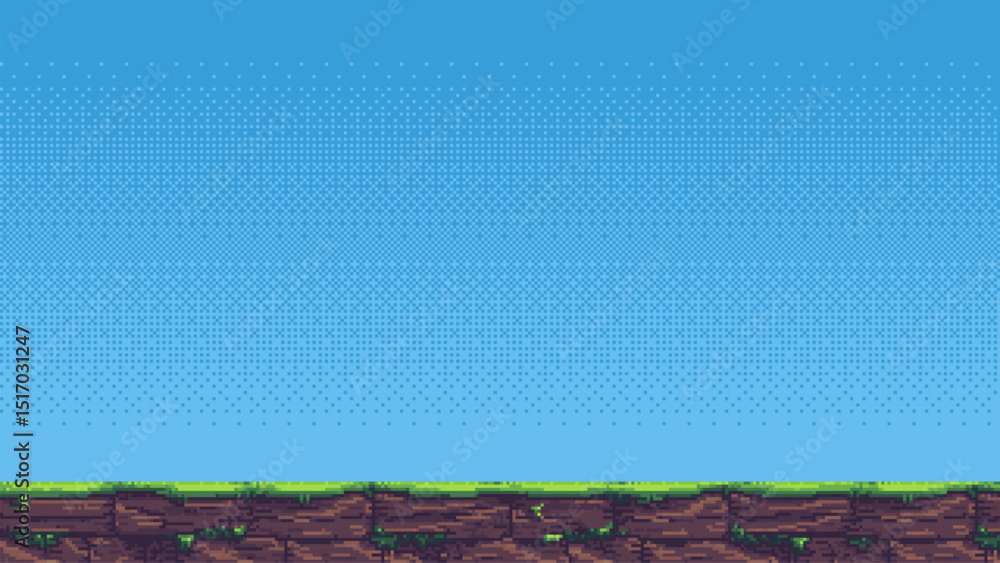 Poster 8-bit pixel art game level background. level template. 2D retro video game style. side-scrolling game. vector graphics. blue sky. 