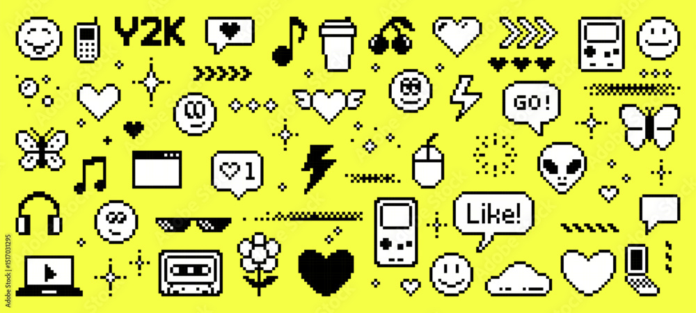 Poster 8-bit pixel art y2k icons. social media and internet. vector graphics. retro video game aesthetic. 90s nostalgia for Y2K fashion and computer technology. yellow background. 