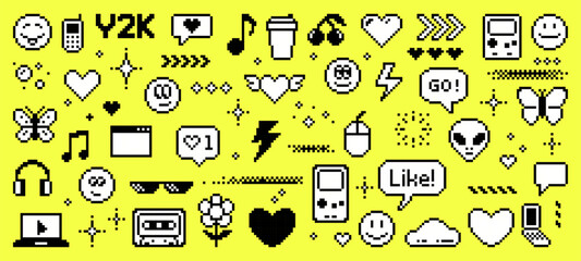8-bit pixel art y2k icons. social media and internet. vector graphics. retro video game aesthetic. 90s nostalgia for Y2K fashion and computer technology. yellow background.  © hiten666