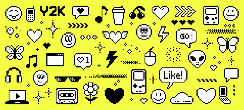 8-bit pixel art y2k icons. social media and internet. vector graphics. retro video game aesthetic. 90s nostalgia for Y2K fashion and computer technology. yellow background. 