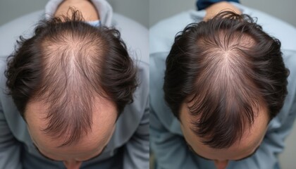 Fototapeta premium Comparison view before after hair transplant. Male patient shows scalp treatment results. Medical, cosmetic procedure, restoration of thinning hair. Baldness solution, regrowth success. Healthcare,