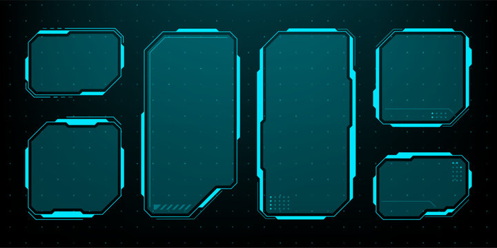 A set of futuristic HUD frames. cyberpunk style. vector graphics. sci-fi frame border for game UI and user interface design. empty text boxes set in abstract tech style.