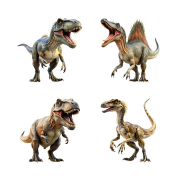 Fototapeta dinosaur on Transparent Background concept. Four distinct T. rex models showcasing varied colors and expressions, each roaring dramatically 