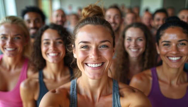 Group selfie diverse people at fitness class. Men women all ages smiles show healthy lifestyle. Active people, together, fun, exercising, well-being, friendship.