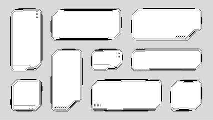 Set of HUD UI element frames. Text boxes in abstract tech style. cyberpunk style. hi-tech design. Modern technology banners. Vector graphics. game interface elements. sci-fi frames