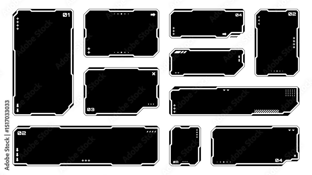 Poster Set of HUD UI element frames. Text boxes in abstract tech style. cyberpunk style. hi-tech design. Modern technology banners. Vector graphics. game interface elements. sci-fi frames