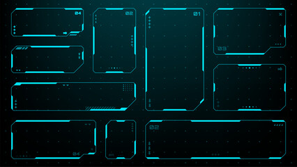 Set of HUD UI element frames. Text boxes in abstract tech style. cyberpunk style. hi-tech design. Modern technology banners. Vector graphics. game interface elements. sci-fi frames © hiten666