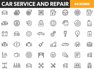 Car Service and Repair - vector editable line icons. 48 automotive icons.