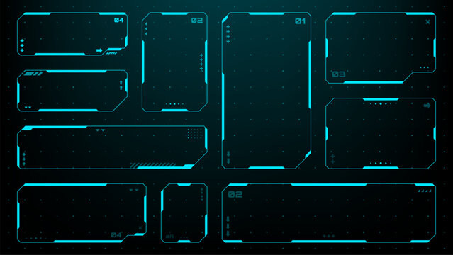 Set of HUD UI element frames. Text boxes in abstract tech style. cyberpunk style. hi-tech design. Modern technology banners. Vector graphics. game interface elements. sci-fi frames