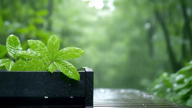 Fresh Foliage in the Rain: a refreshing image of a verdant leaf in an elegant container against a blurry, natural backdrop of a rainy day. The scene portrays a perfect union of nature, minimalism.