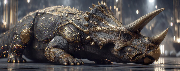 Fantasy triceratops with dark armored skin and golden details in futuristic glowing setting - Generated with AI