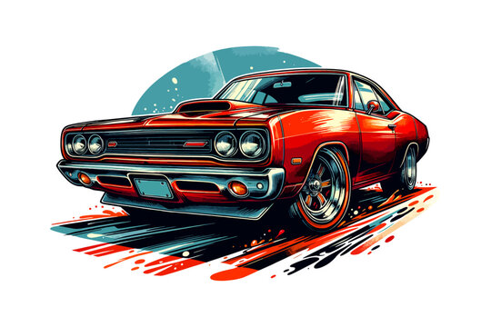 Bold red classic muscle car illustration with speed lines design