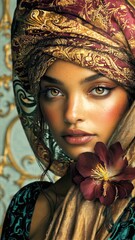Stylish Arabic woman gazes with confident expression, intricate gold turban frames her face. Rich embroidery enhances stylish woman’s allure, deep red flower accentuates timeless beauty.